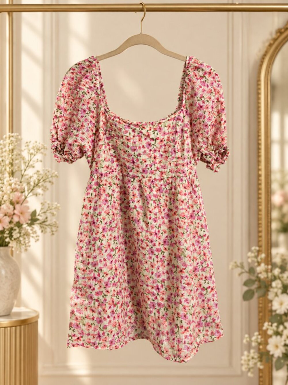 Lush Ivory Pink Floral Swiss Dot Puff Sleeve Mini Dress Size L